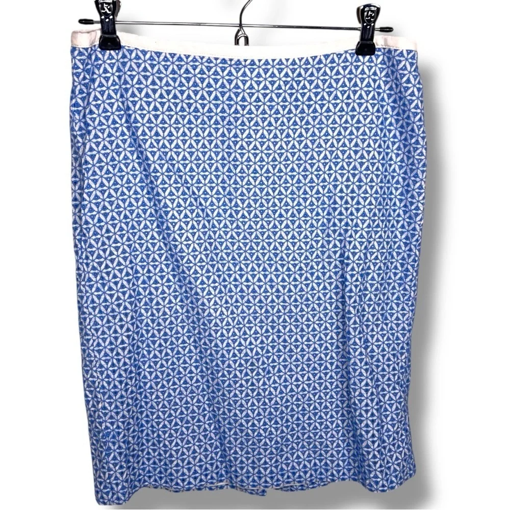 Size Petite 6 Talbots Blue Ivory White Geometric Cotton Skirt Lined Zip Closure